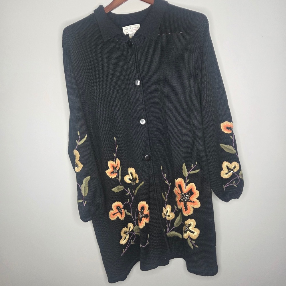 Victor Costa Occasion Black Floral Embroidered Beaded Cardigan Sweater Large